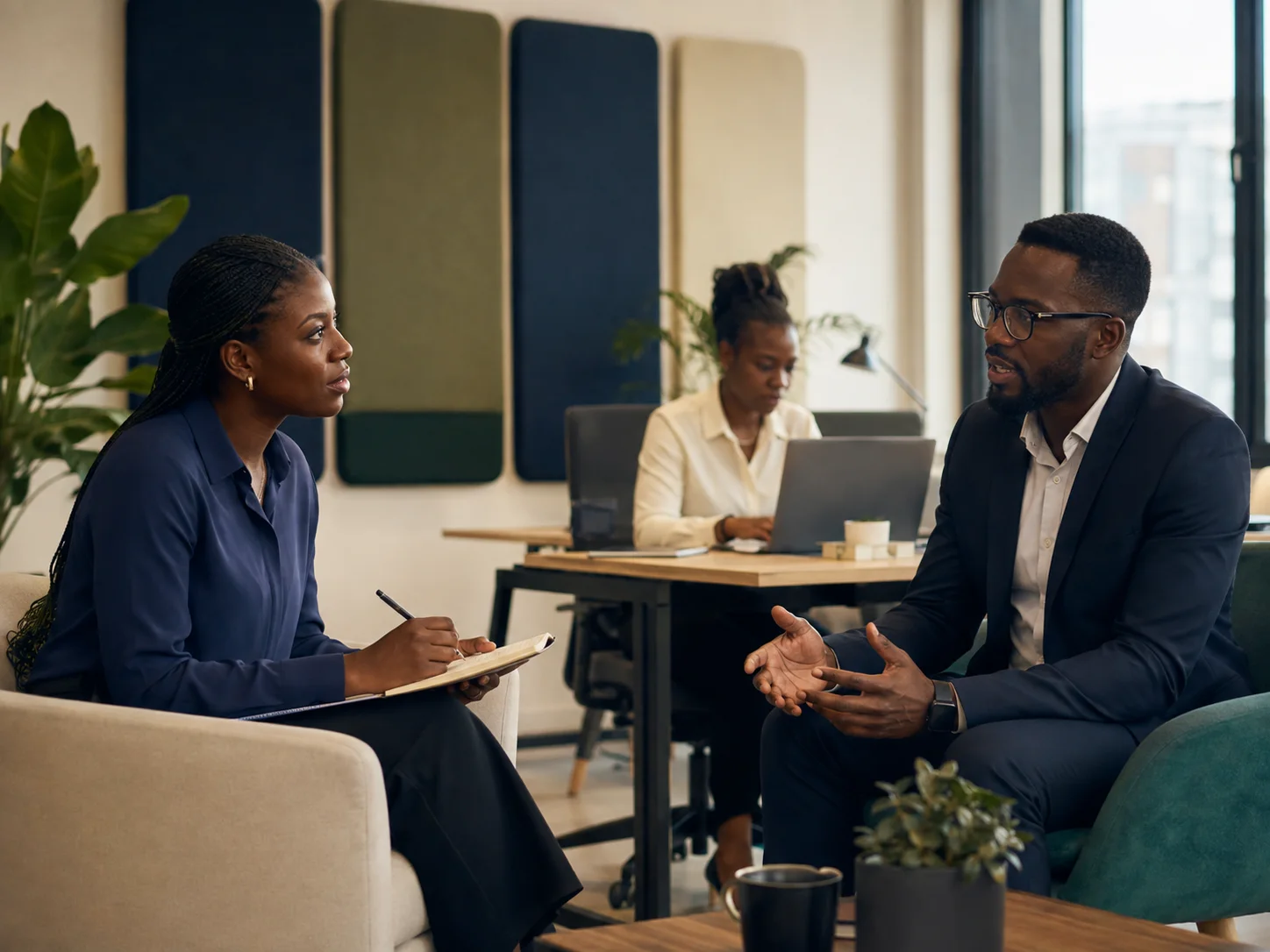 Human resources adviser in a workplace conversation